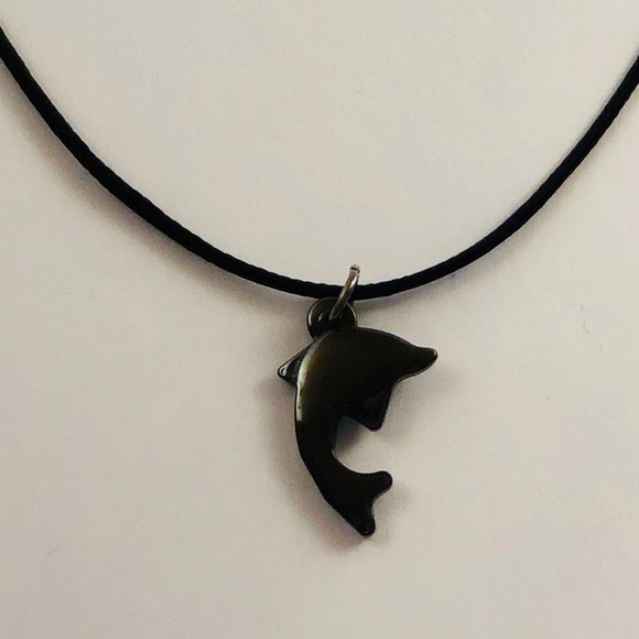 Hematite Dolphin charm on a Vegan leather necklace - Picture 3 of 3